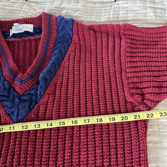 VTG Insite Chunky Knit Sweater Mens L Red Tennis Striped V Neck Preppy Academia - Picture 6 of 7